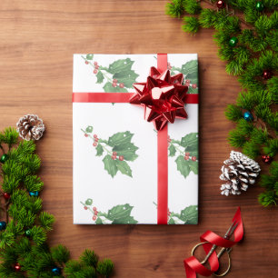 Christmas Holly Wreath Pattern Wrapping Paper