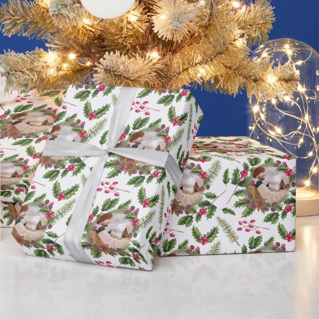 Christmas Holly Wreath Personalised Photo Wrapping Paper (Holidays)