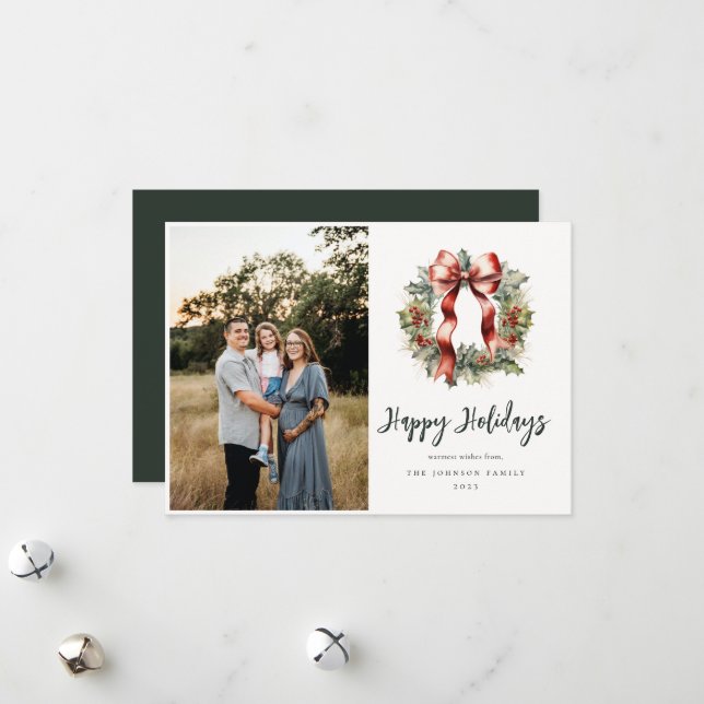 Christmas Holly Wreath Photo Holiday Card (Front/Back In Situ)