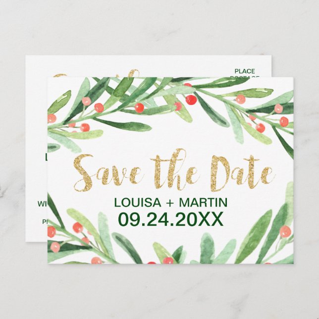 Christmas Holly Wreath Save the Date Announcement Postcard (Front/Back)
