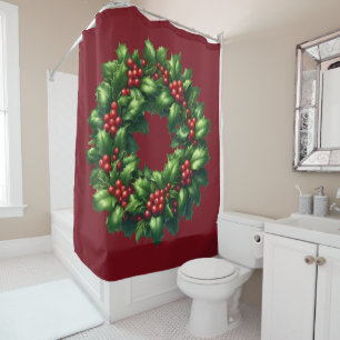 Christmas Holly Wreath Shower Curtain