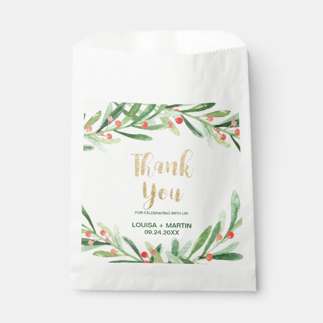 Christmas Holly Wreath Thank You Wedding Favour Bag (Front)