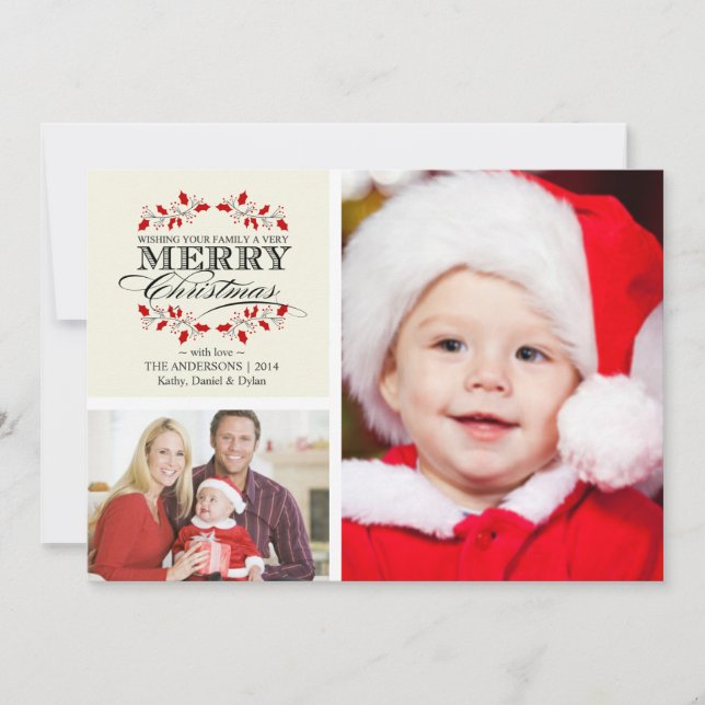 Christmas Holly Wreath Typography 2-Photo Card (Front)