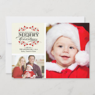 Christmas Holly Wreath Typography 2-Photo Card
