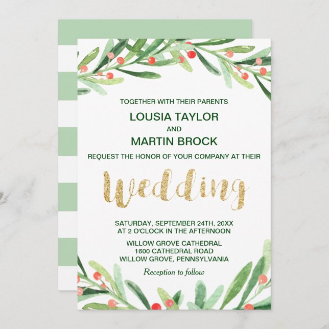 Christmas Holly Wreath Wedding Invitation (Front/Back)