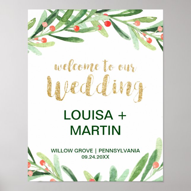 Christmas Holly Wreath Wedding Welcome Poster (Front)