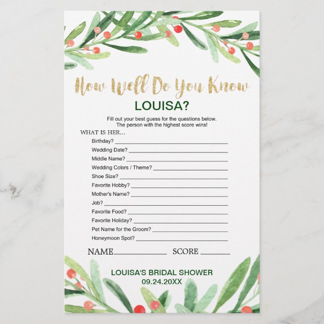 Christmas Holly Wreath What's In Your Purse Game (Front)