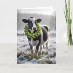 Christmas Holstein Cow Wearing Holiday Wreath Card
