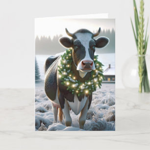 Christmas Holstein Cow With Glowing Wreath Holiday Card
