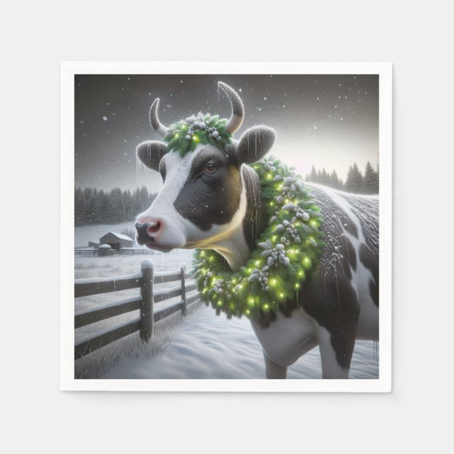 Christmas Holstein Cow With Glowing Wreath Napkin (Front)