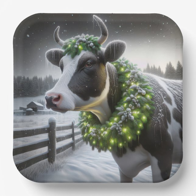 Christmas Holstein Cow With Glowing Wreath Paper Plate (Front)