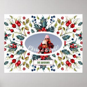 Christmas Holy Berries Wreath Photo Monogram Poster
