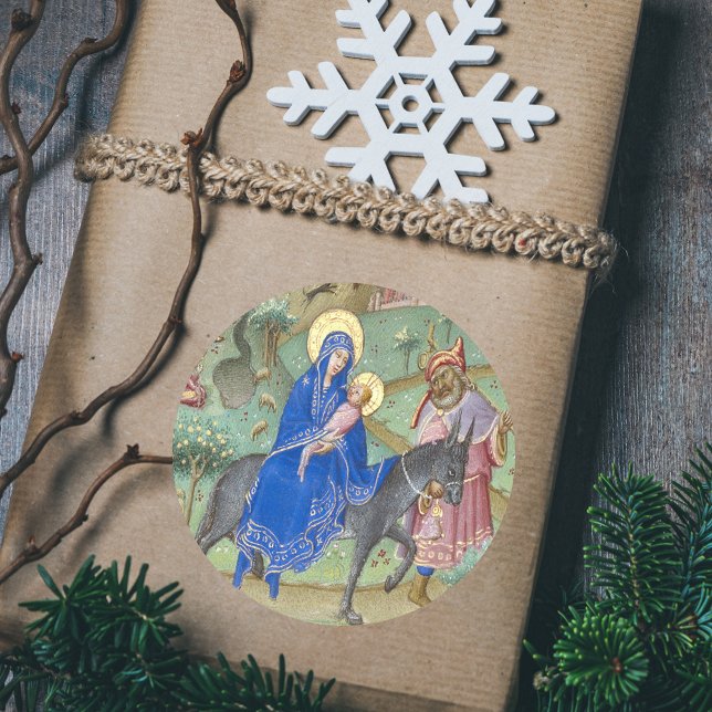Christmas Holy Family Flight into Egypt Mediaeval Classic Round Sticker (Christmas Holy Family Flight into Egypt Religious Medieval Vintage Classic Round Gift Sticker)