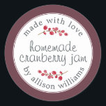 Christmas Homemade Cranberry Jam Can Burgundy Classic Round Sticker<br><div class="desc">Rustic and modern homemade Christmas jam canning cranberry jam jar sticker with the text made with love, homemade cranberry jam and your name in modern script on a burgundy background with a stylish touch of cranberries. Simply add your name and the product name to the label. Exclusively designed for you...</div>