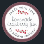 Christmas Homemade Cranberry Jam Can Burgundy Classic Round Sticker<br><div class="desc">Rustic and modern homemade Christmas jam canning cranberry jam jar sticker with the text made with love, homemade cranberry jam and your name in modern script on a burgundy background with a stylish touch of cranberries. Simply add your name and the product name to the label. Exclusively designed for you...</div>