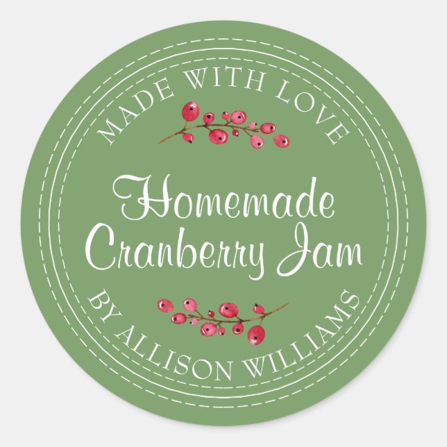 Christmas Homemade Cranberry Jam Can Meadow Green Classic Round Sticker (Front)