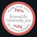 Christmas Homemade Cranberry Jam Can Red Classic Round Sticker<br><div class="desc">Rustic and modern homemade Christmas jam canning cranberry jam jar sticker with the text made with love, homemade cranberry jam and your name in modern script on a red background with a stylish touch of cranberries. Simply add your name and the product name to the label. Exclusively designed for you...</div>