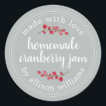 Christmas Homemade Cranberry Jam Can Storm Grey Classic Round Sticker<br><div class="desc">Rustic and modern homemade Christmas jam canning cranberry jam jar sticker with the text made with love, homemade cranberry jam and your name in white chic script calligraphy and modern typography on a storm grey background with a stylish touch of cranberries. Simply add your name and the product name to...</div>