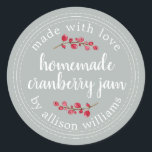 Christmas Homemade Cranberry Jam Can Storm Grey Classic Round Sticker<br><div class="desc">Rustic and modern homemade Christmas jam canning cranberry jam jar sticker with the text made with love, homemade cranberry jam and your name in white chic script calligraphy and modern typography on a storm grey background with a stylish touch of cranberries. Simply add your name and the product name to...</div>