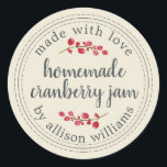 Christmas Homemade Cranberry Jam Canning Antique Classic Round Sticker<br><div class="desc">Rustic and modern homemade Christmas jam canning cranberry jam jar sticker with the text made with love, homemade cranberry jam and your name in off-black chic script calligraphy and modern typography on an antique white background with a stylish touch of cranberries. Simply add your name and the product name to...</div>