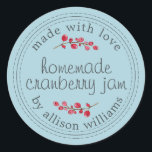 Christmas Homemade Cranberry Jam Canning Blue Classic Round Sticker<br><div class="desc">Rustic and modern homemade Christmas jam canning cranberry jam jar sticker with the text made with love, homemade cranberry jam and your name in modern script on a blue glow background with a stylish touch of cranberries. Simply add your name and the product name to the label. Exclusively designed for...</div>