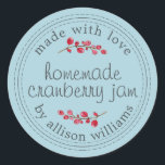 Christmas Homemade Cranberry Jam Canning Blue Classic Round Sticker<br><div class="desc">Rustic and modern homemade Christmas jam canning cranberry jam jar sticker with the text made with love, homemade cranberry jam and your name in modern script on a blue glow background with a stylish touch of cranberries. Simply add your name and the product name to the label. Exclusively designed for...</div>