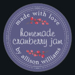 Christmas Homemade Cranberry Jam Canning Blue Classic Round Sticker<br><div class="desc">Rustic and modern homemade Christmas jam canning cranberry jam jar sticker with the text made with love, homemade cranberry jam and your name in modern script on a navy blue background with a stylish touch of cranberries. Simply add your name and the product name to the label. Exclusively designed for...</div>