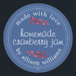 Christmas Homemade Cranberry Jam Canning Blue Classic Round Sticker<br><div class="desc">Rustic and modern homemade Christmas jam canning cranberry jam jar sticker with the text made with love, homemade cranberry jam and your name in modern script on a classic blue background with a stylish touch of cranberries. Simply add your name and the product name to the label. Exclusively designed for...</div>