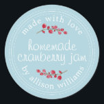 Christmas Homemade Cranberry Jam Canning Blue Classic Round Sticker<br><div class="desc">Rustic and modern homemade Christmas jam canning cranberry jam jar sticker with the text made with love, homemade cranberry jam and your name in modern script on a blue glow background with a stylish touch of cranberries. Simply add your name and the product name to the label. Exclusively designed for...</div>