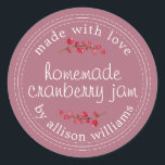 Christmas Homemade Cranberry Jam Canning Cassis Classic Round Sticker<br><div class="desc">Rustic and modern homemade Christmas jam canning cranberry jam jar sticker with the text made with love, homemade cranberry jam and your name in modern script on a purple cassis background with a stylish touch of cranberries. Simply add your name and the product name to the label. Exclusively designed for...</div>