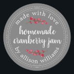 Christmas Homemade Cranberry Jam Canning Classic Round Sticker<br><div class="desc">Rustic and modern homemade Christmas jam canning cranberry jam jar sticker with the text made with love, homemade cranberry jam and your name in white chic script calligraphy and modern typography on a dark grey background with a stylish touch of cranberries. Simply add your name and the product name to...</div>