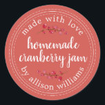Christmas Homemade Cranberry Jam Canning Classic Round Sticker<br><div class="desc">Rustic and modern homemade Christmas jam canning cranberry jam jar sticker with the text made with love, homemade cranberry jam and your name in white chic script calligraphy and modern typography on an autumn red background with a stylish touch of cranberries. Simply add your name and the product name to...</div>