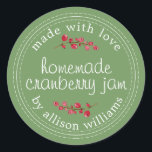 Christmas Homemade Cranberry Jam Canning Green Classic Round Sticker<br><div class="desc">Rustic and modern homemade Christmas jam canning cranberry jam jar sticker with the text made with love, homemade cranberry jam and your name in modern script on a meadow green background with a stylish touch of cranberries. Simply add your name and the product name to the label. Exclusively designed for...</div>
