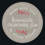 Christmas Homemade Cranberry Jam Canning Grey Classic Round Sticker<br><div class="desc">Rustic and modern homemade Christmas jam canning cranberry jam jar sticker with the text made with love, homemade cranberry jam and your name in modern script on a felted wool grey background with a stylish touch of cranberries. Simply add your name and the product name to the label. Exclusively designed...</div>