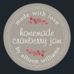 Christmas Homemade Cranberry Jam Canning Grey Classic Round Sticker<br><div class="desc">Rustic and modern homemade Christmas jam canning cranberry jam jar sticker with the text made with love, homemade cranberry jam and your name in modern script on a felted wool grey background with a stylish touch of cranberries. Simply add your name and the product name to the label. Exclusively designed...</div>