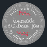 Christmas Homemade Cranberry Jam Canning Grey Classic Round Sticker<br><div class="desc">Rustic and modern homemade Christmas jam canning cranberry jam jar sticker with the text made with love, homemade cranberry jam and your name in modern script on a dark grey background with a stylish touch of cranberries. Simply add your name and the product name to the label. Exclusively designed for...</div>