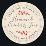Christmas Homemade Cranberry Jam Canning Ivory Classic Round Sticker<br><div class="desc">Rustic and modern homemade Christmas jam canning cranberry jam jar sticker with the text from the kitchen of, homemade cranberry jam and your name in off-black chic script calligraphy and modern typography on an ivory background with a stylish touch of cranberries. Simply add your name and the product name to...</div>