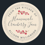 Christmas Homemade Cranberry Jam Canning Ivory Classic Round Sticker<br><div class="desc">Rustic and modern homemade Christmas jam canning cranberry jam jar sticker with the text from the kitchen of, homemade cranberry jam and your name in off-black chic script calligraphy and modern typography on an ivory background with a stylish touch of cranberries. Simply add your name and the product name to...</div>