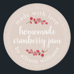 Christmas Homemade Cranberry Jam Canning Purple Classic Round Sticker<br><div class="desc">Rustic and modern homemade Christmas jam canning cranberry jam jar sticker with the text made with love, homemade cranberry jam and your name in white chic script calligraphy and modern typography on a almond peach pastel purple background with a stylish touch of cranberries. Simply add your name and the product...</div>