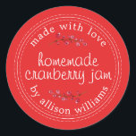 Christmas Homemade Cranberry Jam Canning Red Classic Round Sticker<br><div class="desc">Rustic and modern homemade Christmas jam canning cranberry jam jar sticker with the text made with love, homemade cranberry jam and your name in modern script on a bright red background with a stylish touch of cranberries. Simply add your name and the product name to the label. Exclusively designed for...</div>