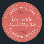 Christmas Homemade Cranberry Jam Canning Red Classic Round Sticker<br><div class="desc">Rustic and modern homemade Christmas jam canning cranberry jam jar sticker with the text made with love, homemade cranberry jam and your name in modern script on an autumn leaf red background with a stylish touch of cranberries. Simply add your name and the product name to the label. Exclusively designed...</div>