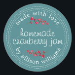 Christmas Homemade Cranberry Jam Canning Teal Classic Round Sticker<br><div class="desc">Rustic and modern homemade Christmas jam canning cranberry jam jar sticker with the text made with love, homemade cranberry jam and your name in modern script on a teal background with a stylish touch of cranberries. Simply add your name and the product name to the label. Exclusively designed for you...</div>