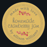 Christmas Homemade Cranberry Jam Canning Yellow Classic Round Sticker<br><div class="desc">Rustic and modern homemade Christmas jam canning cranberry jam jar sticker with the text made with love, homemade cranberry jam and your name in modern script on a yellow ochre background with a stylish touch of cranberries. Simply add your name and the product name to the label. Exclusively designed for...</div>