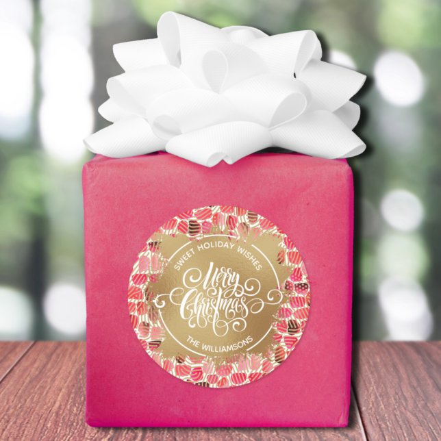 Christmas Homemade Holiday Baking  Classic Round Sticker (Christmas sweet holiday wishes homemade baking round stickers with red-pink brush stroke pattern)