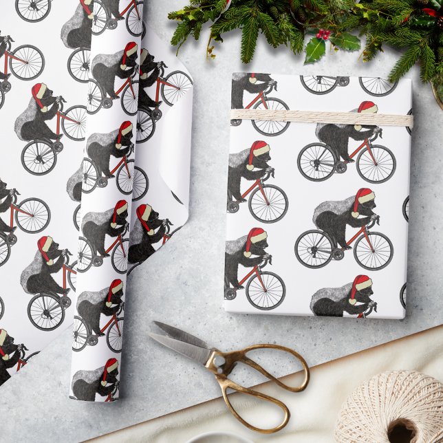 Christmas Honey Badger on a bicycle  Wrapping Paper (Christmas honey badger cycling on a bicycle holiday wrapping paper)