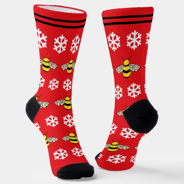 Christmas Honey Bees and Snowflakes Cute Festive Socks (Angled)