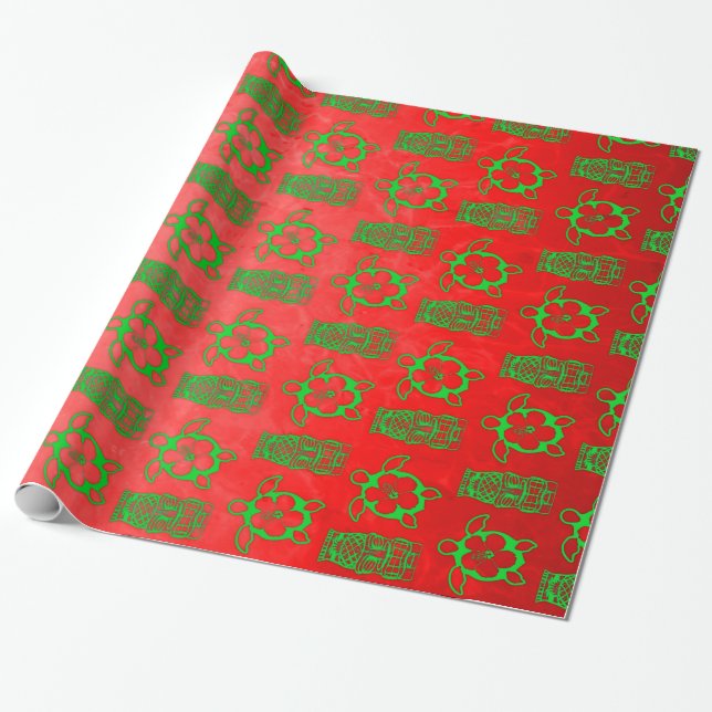 Christmas Honu And Tiki Wrapping Paper (Unrolled)