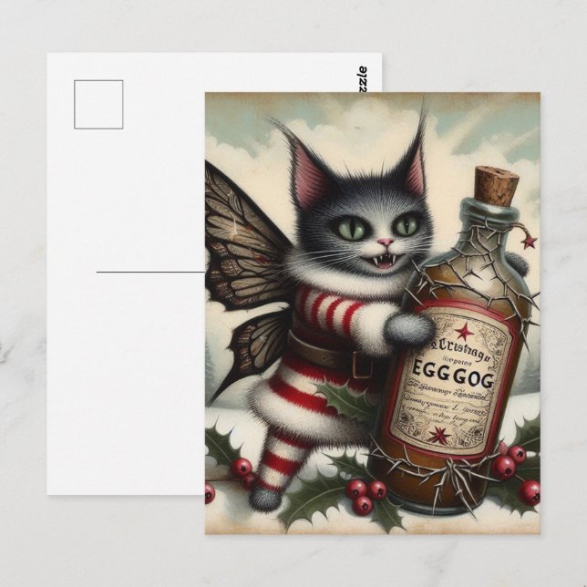 Christmas Horror Kitty Fairy With Eggnog Postcard (Front/Back)