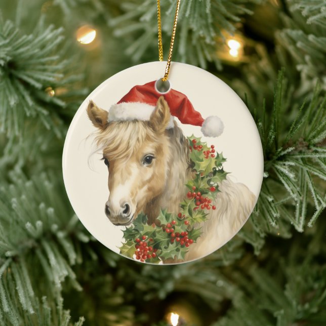 Christmas horse add text watercolor Ceramic Ornament (Tree)