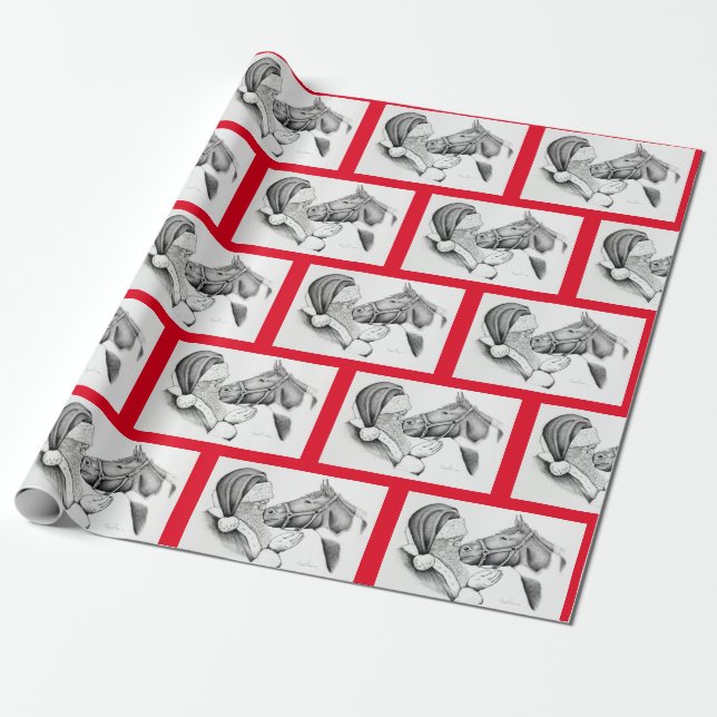 Christmas Horse and Santa Claus Wrapping Paper (Unrolled)
